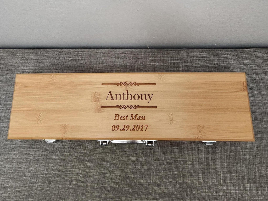Personalized engraved bamboo gift box with 'Best Man' message and custom date.