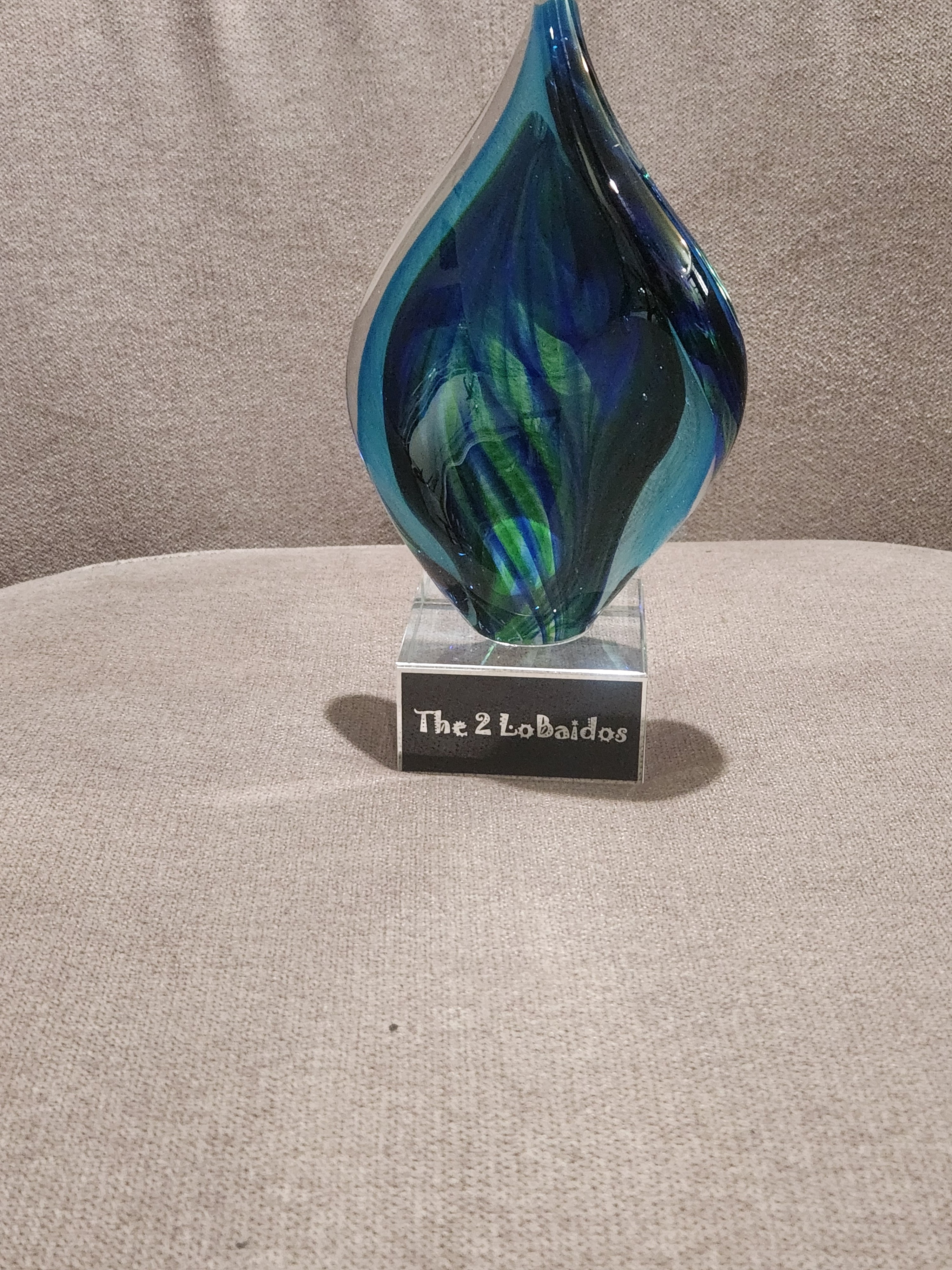 8 3/4" Blue and Green Twist Art Glass on Clear Glass Base