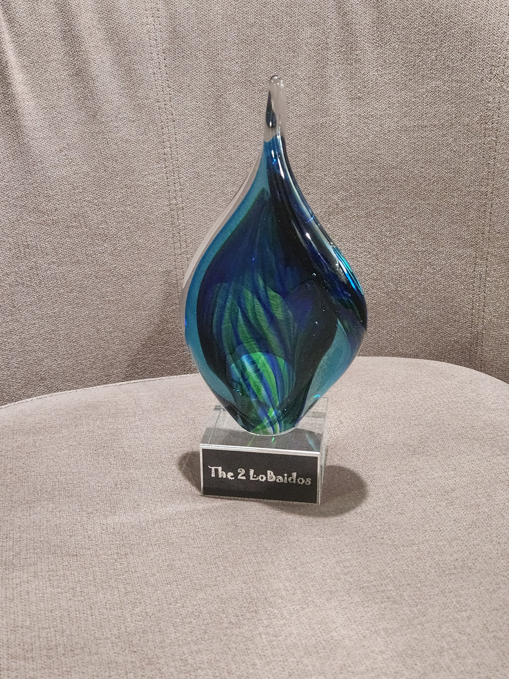 8 3/4" Blue and Green Twist Art Glass on Clear Glass Base