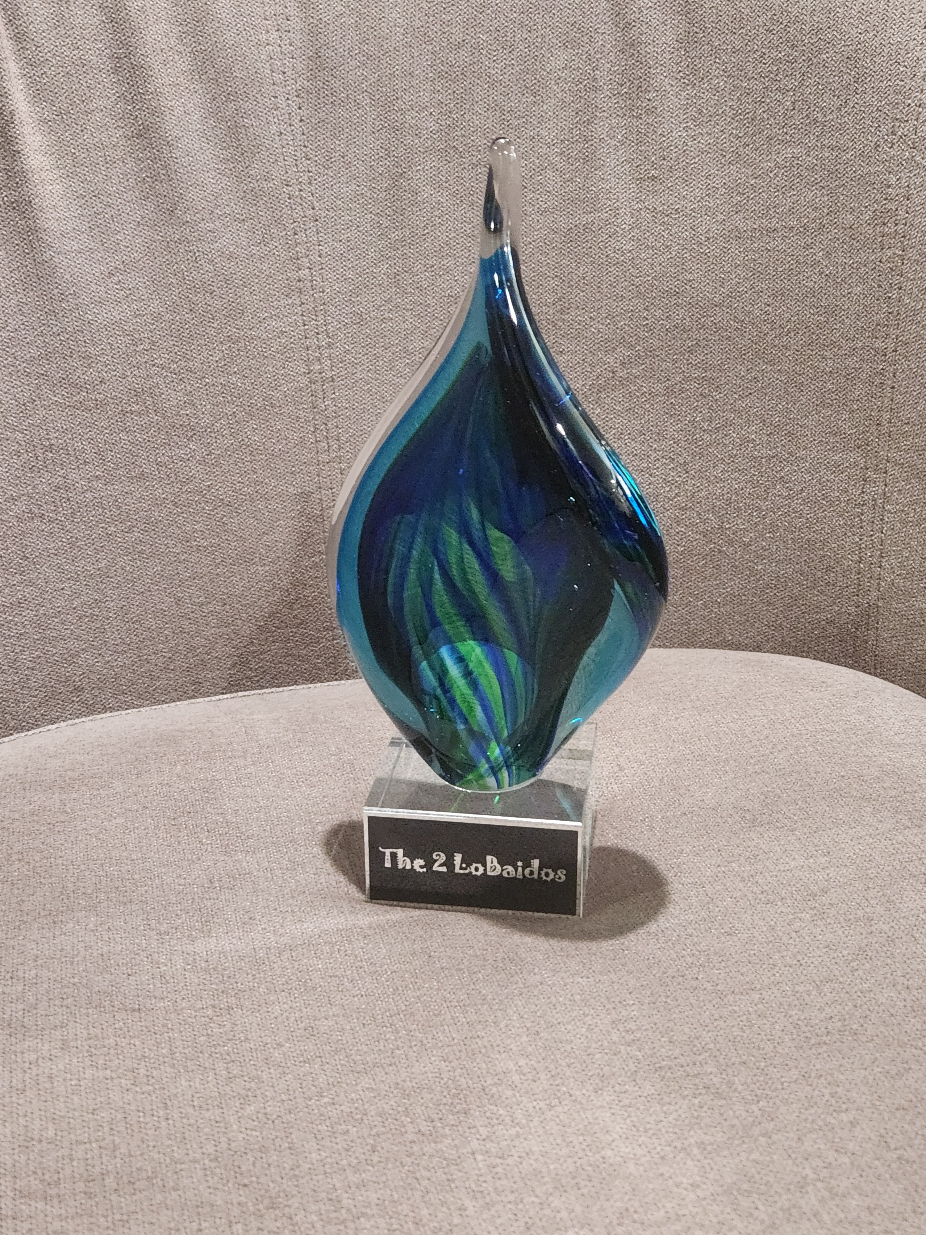 8 3/4" Blue and Green Twist Art Glass on Clear Glass Base