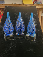 10" Blue and Black Teardrop Art Glass on Clear Glass Base Recognition Award