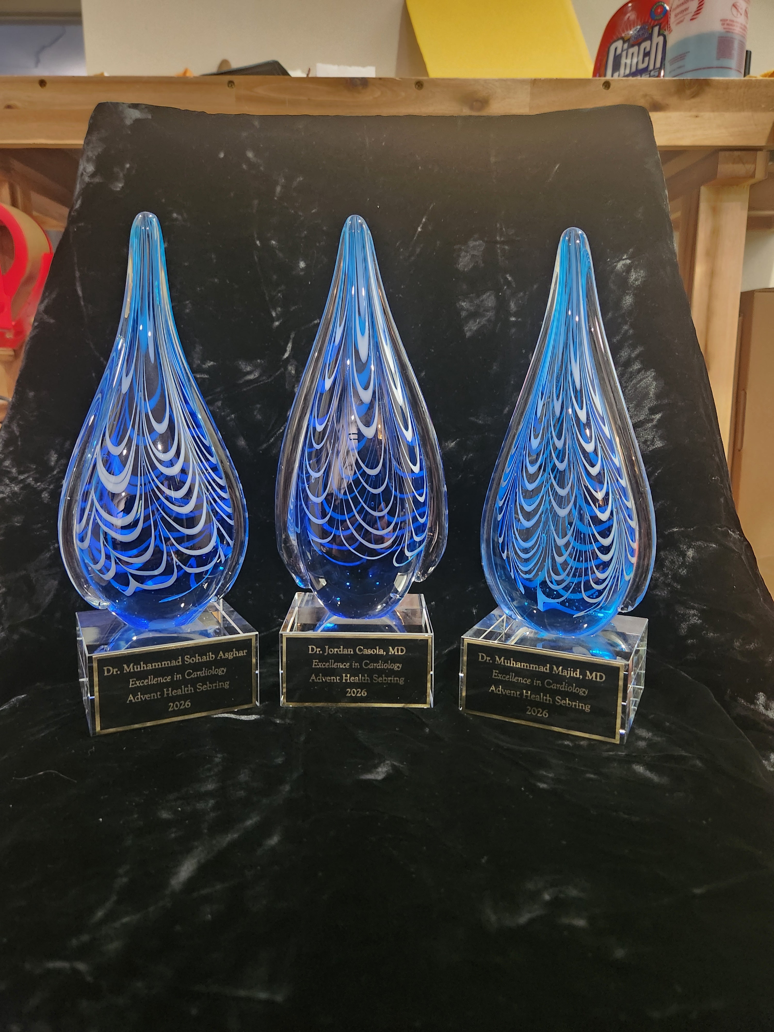 10" Blue and Black Teardrop Art Glass on Clear Glass Base Recognition Award