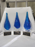 10" Blue and Black Teardrop Art Glass on Clear Glass Base Recognition Award