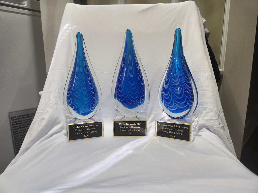 10" Blue and Black Teardrop Art Glass on Clear Glass Base Recognition Award
