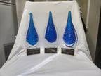 10" Blue and Black Teardrop Art Glass on Clear Glass Base Recognition Award