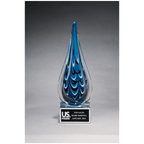 10" Blue and Black Teardrop Art Glass on Clear Glass Base Recognition Award