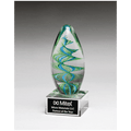 Decorative glass award with green and blue swirl patterns on a clear base, featuring the Mitel logo.