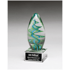 Decorative glass award with green and blue swirl patterns on a clear base, featuring the Mitel logo.