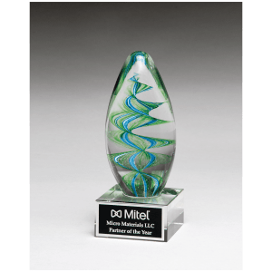 Decorative glass award with green and blue swirl patterns on a clear base, featuring the Mitel logo.
