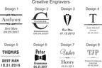 Set of eight custom wedding engraving design templates with names, roles, and dates for groomsmen gifts.
