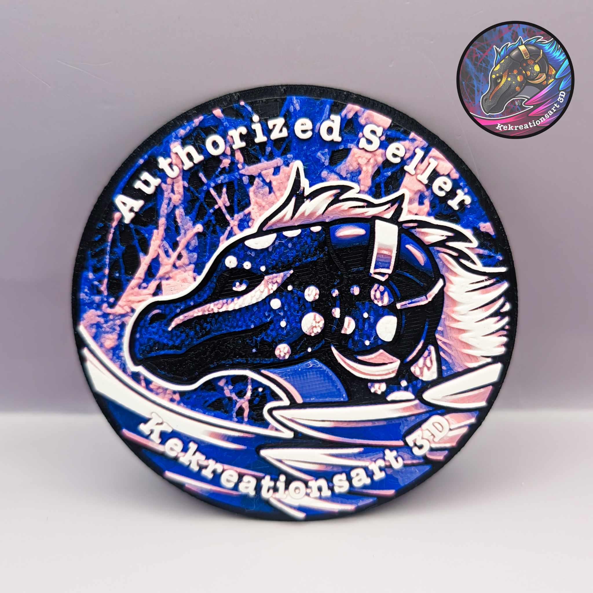 3D printed authorized seller badge with a colorful dragon design and splatter background