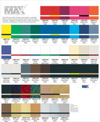LaserMax color and material swatch chart for engraving, featuring various color combinations and finishes.
