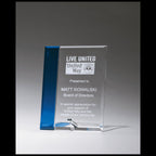 Engraved glass award plaque with blue accent, United Way appreciation design