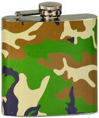 Stainless steel flask with green and brown camouflage pattern and screw-on cap