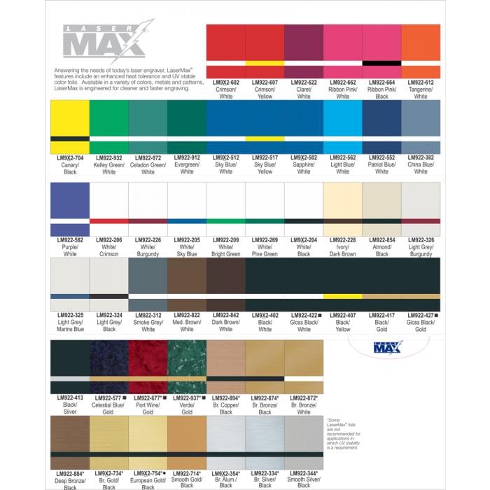 LaserMax color sample chart with various engraved plastic color swatches for laser engraving