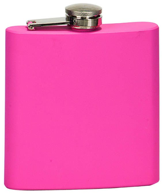 Bright pink stainless steel hip flask with a silver screw cap, isolated on white background