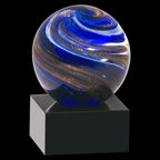 Blue and gold glass swirl award on a black display base, custom recognition trophy