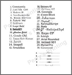 Assorted font style options with numbers and decorative text divider designs shown for custom printing.