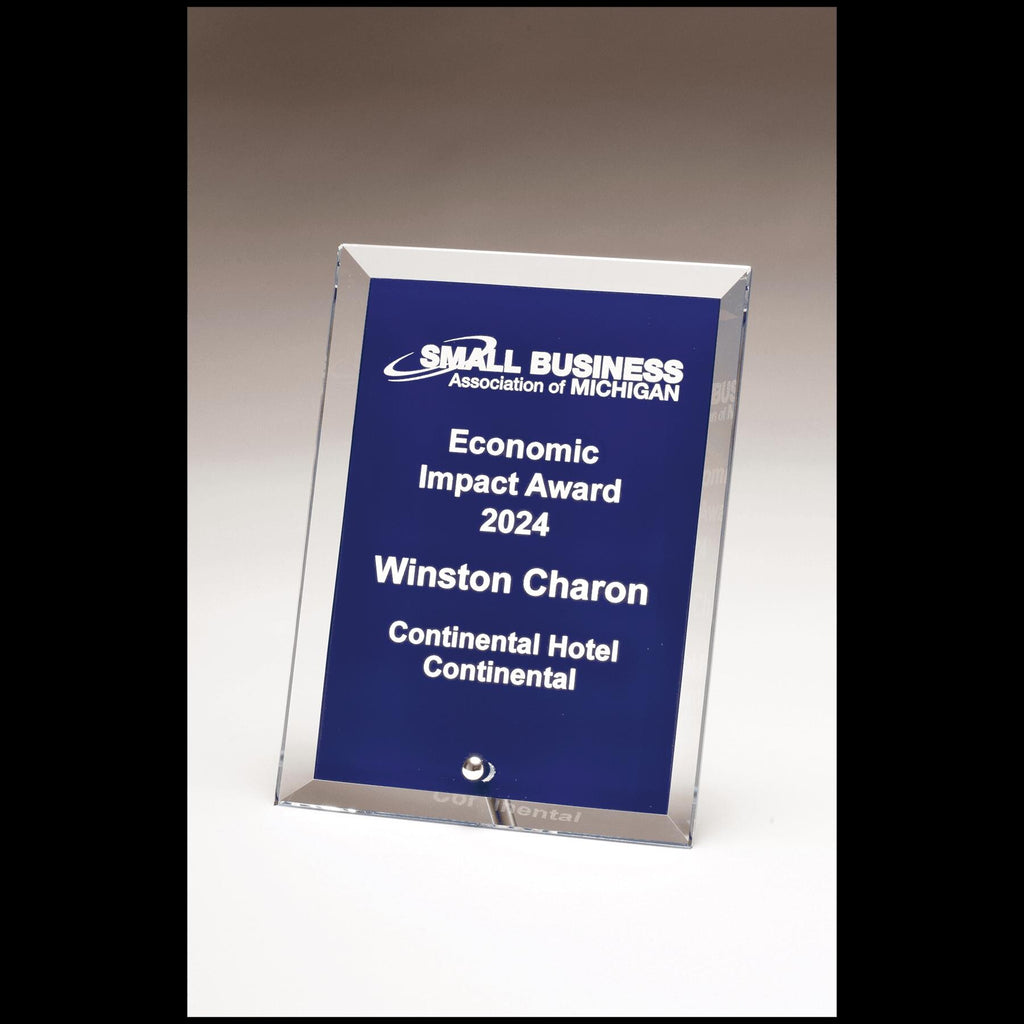 Economic Impact Award 2024 clear acrylic plaque with blue background and white engraved text