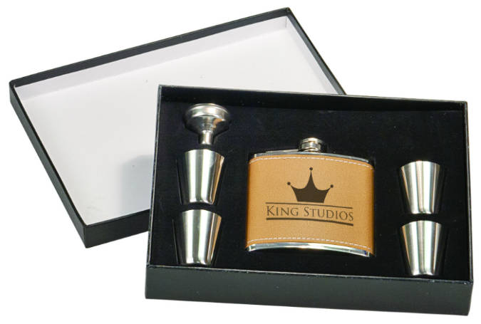 Custom engraved flask gift set with leather wrap, shot glasses, and funnel in gift box