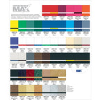 LaserMax color sample chart with rows of colored engraving material swatches and codes.