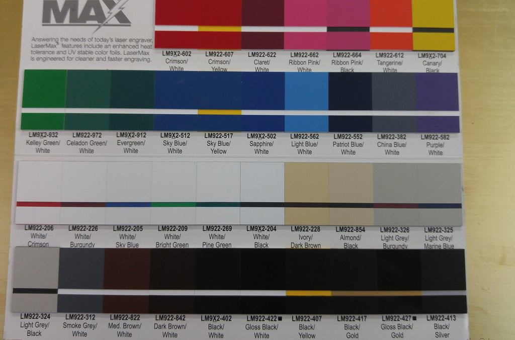 Laser engraving color swatch chart displaying various LaserMax sample colors with labels
