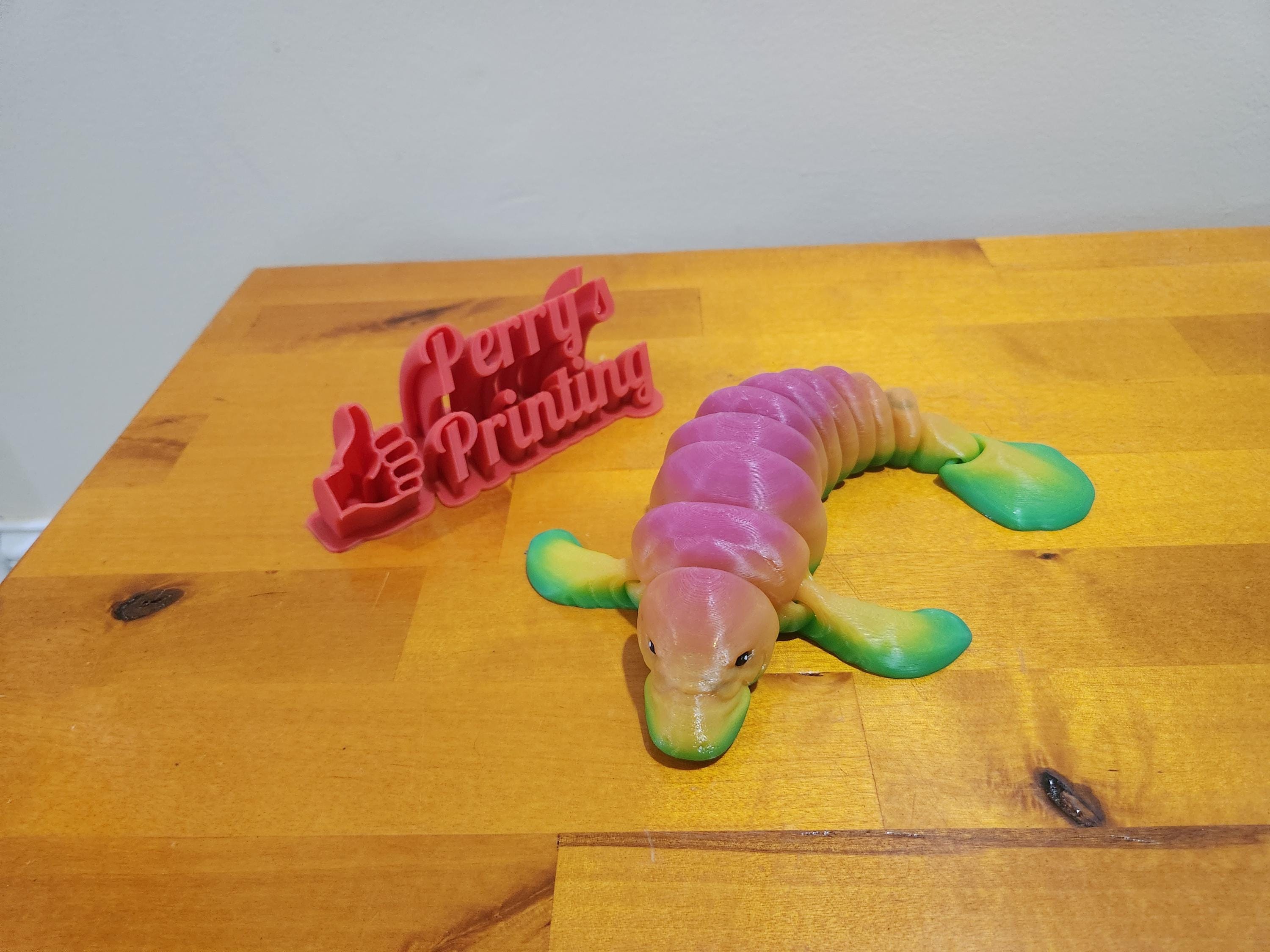 3D printed articulated rainbow lizard and red Perry Printing sign on a wooden table