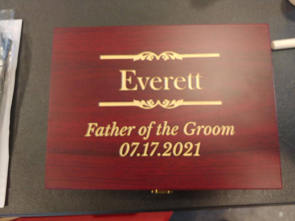 Custom engraved wooden plaque with gold text 'Everett, Father of the Groom 07.17.2021'