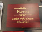 Custom engraved wooden plaque with gold text 'Everett, Father of the Groom 07.17.2021'