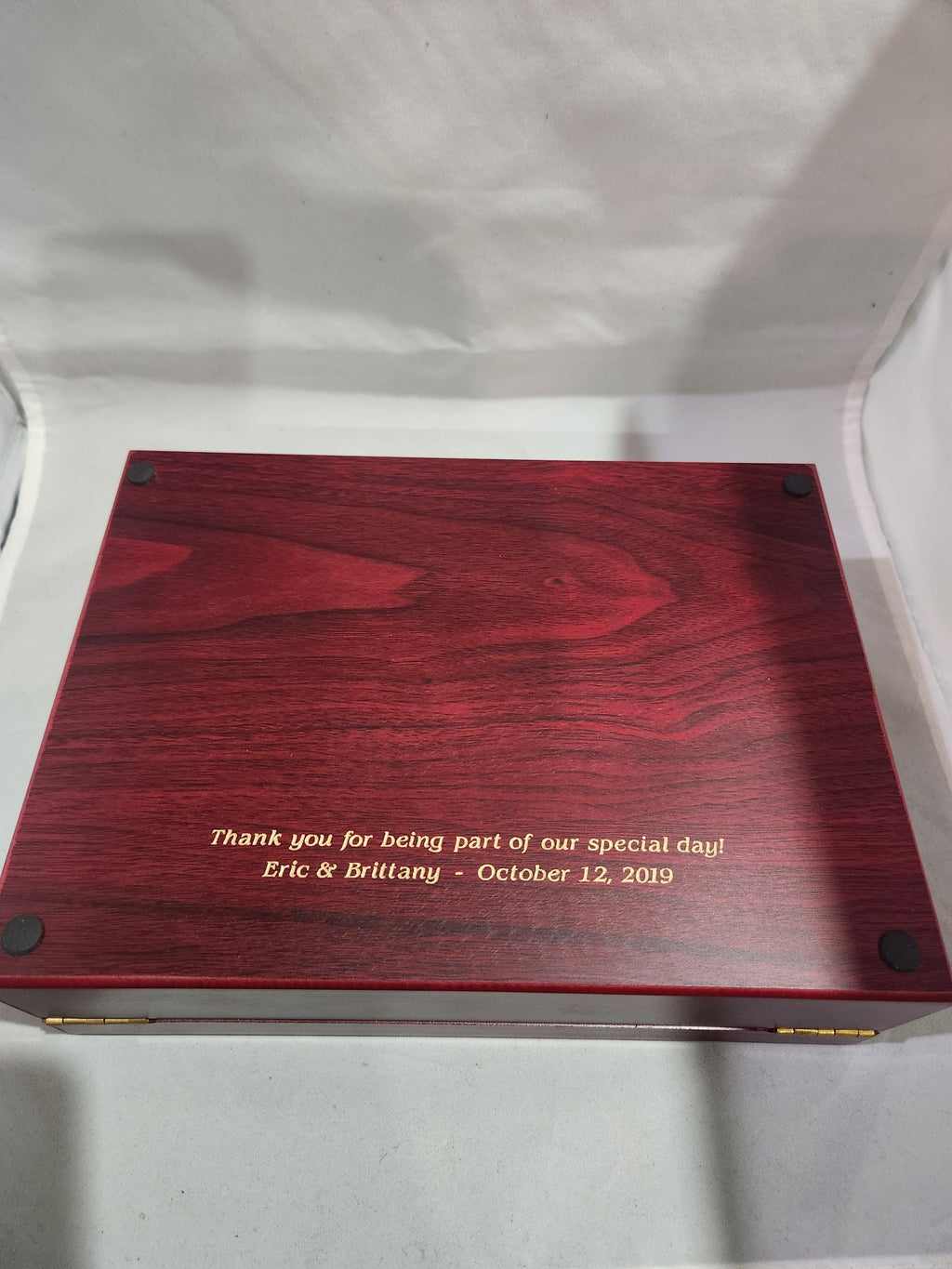 Custom engraved wooden keepsake box with gold wedding message and date on lid