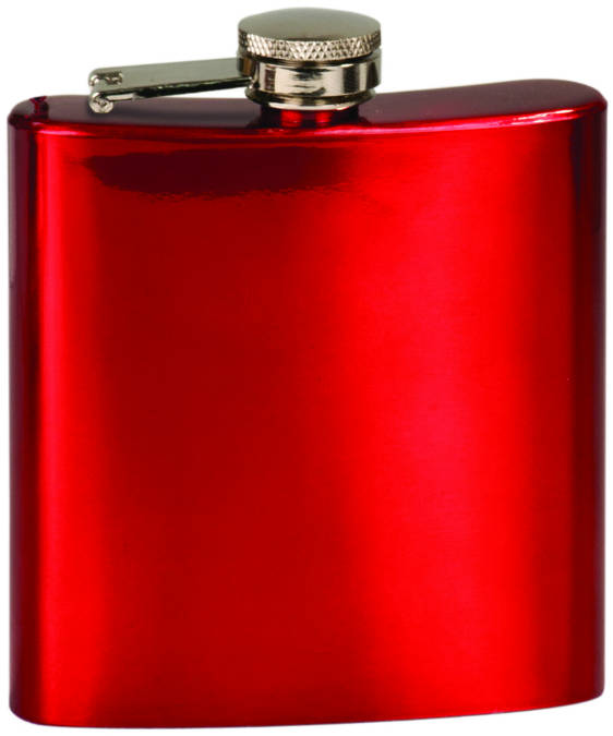 Shiny red metal flask with screw top, ideal for custom engraving and personalized gifts