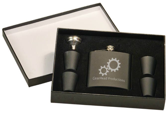 Engraved black flask gift set with four shot glasses and funnel in a presentation box