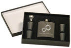 Engraved black flask gift set with four shot glasses and funnel in a presentation box