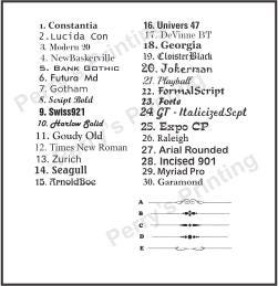 Font style selection chart displaying 30 different typefaces with sample names and numbers.