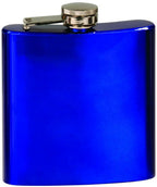 Shiny metallic blue hip flask with silver screw cap on white background.