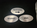 Brushed metal oval restroom signs with text for restrooms, women, and men on a black surface.