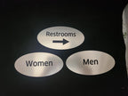 Brushed metal restroom, women, and men oval signs with black text and arrow on black background.