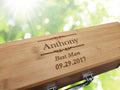 Custom engraved bamboo gift box with Best Man and date, outdoors with sunlight bokeh