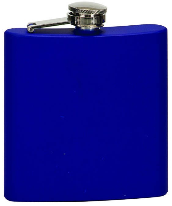 Blue stainless steel hip flask with silver screw cap, isolated on white background.