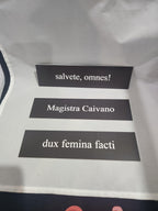 Three custom black nameplates with Latin phrases on a white background, laser engraved.