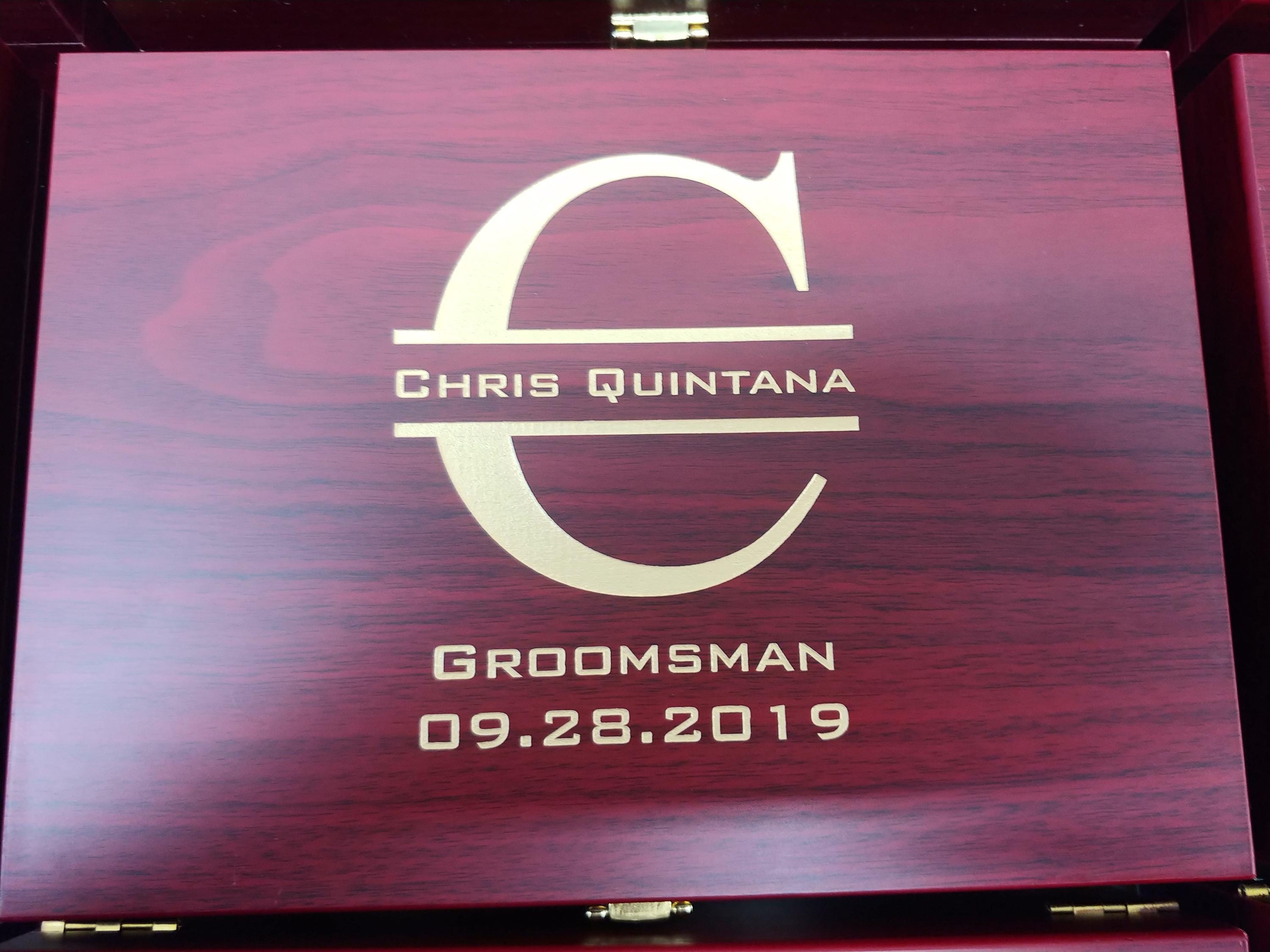 Custom engraved wooden box with gold groomsman text and date for wedding gift