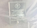 Clear acrylic award plaque with engraved text for years of service recognition.