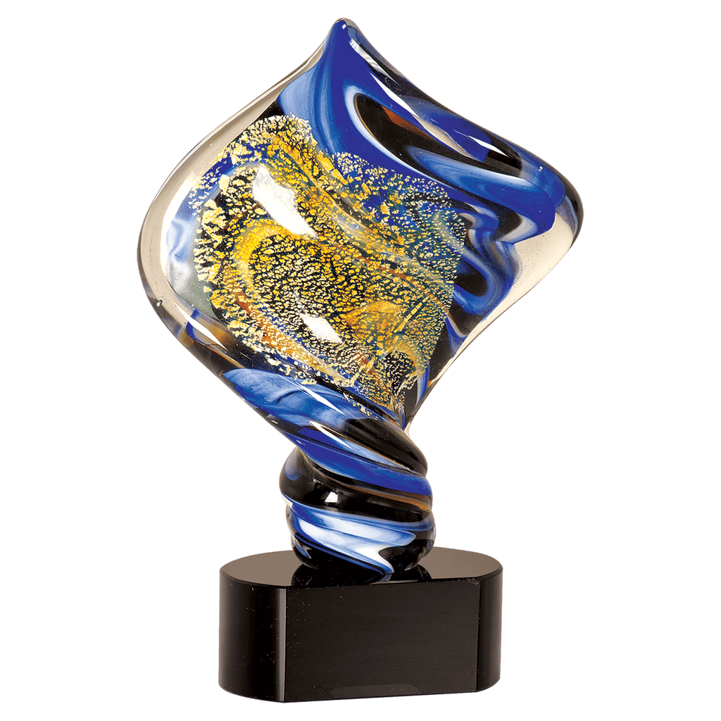 Decorative glass sculpture with blue and yellow swirls on a black base