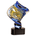 Decorative glass sculpture with blue and yellow swirls on a black base