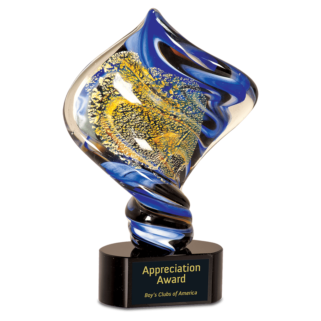Decorative award with blue and gold design on a black base, featuring 'Appreciation Award' text.