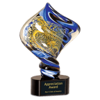 Decorative award with blue and gold design on a black base, featuring 'Appreciation Award' text.