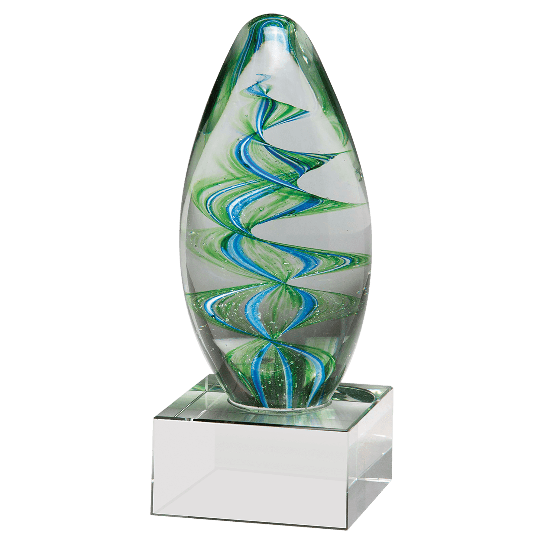 Decorative glass sculpture with green and blue swirls on a clear base against a white background