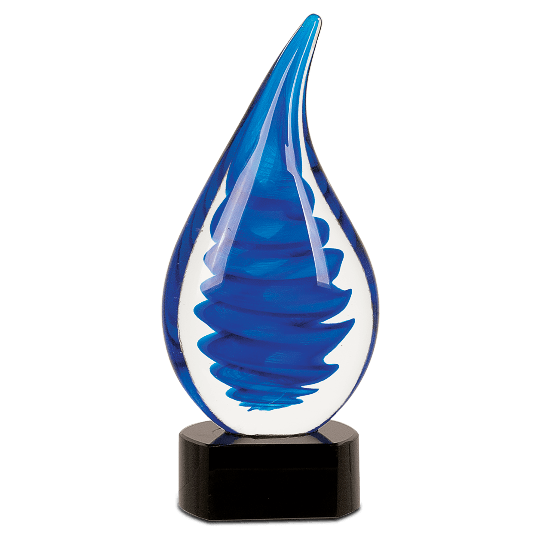 Blue glass award with black base on a transparent background