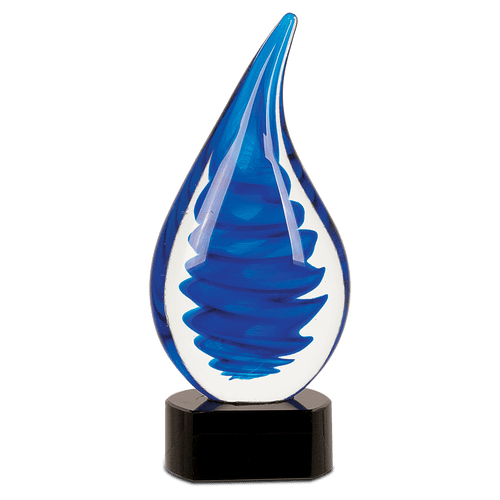 Blue glass award with black base on a transparent background