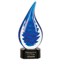 Blue and white glass award with 'Salesperson of the Year' text on a black base
